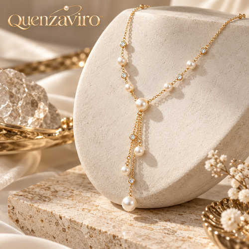 Quenzaviro 18K Gold Plated Natural Pearl Cascading Y-Necklace with Sparkling Bezel Crystals — view 1