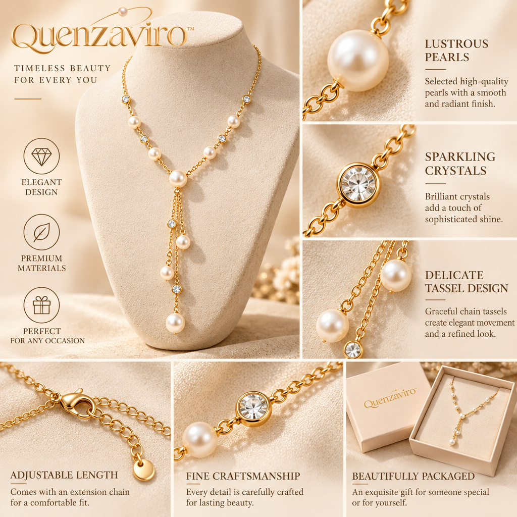 Quenzaviro 18K Gold Plated Natural Pearl Cascading Y-Necklace with Sparkling Bezel Crystals — view 3