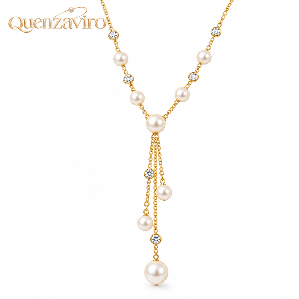 Quenzaviro 18K Gold Plated Natural Pearl Cascading Y-Necklace with Sparkling Bezel Crystals — view 4