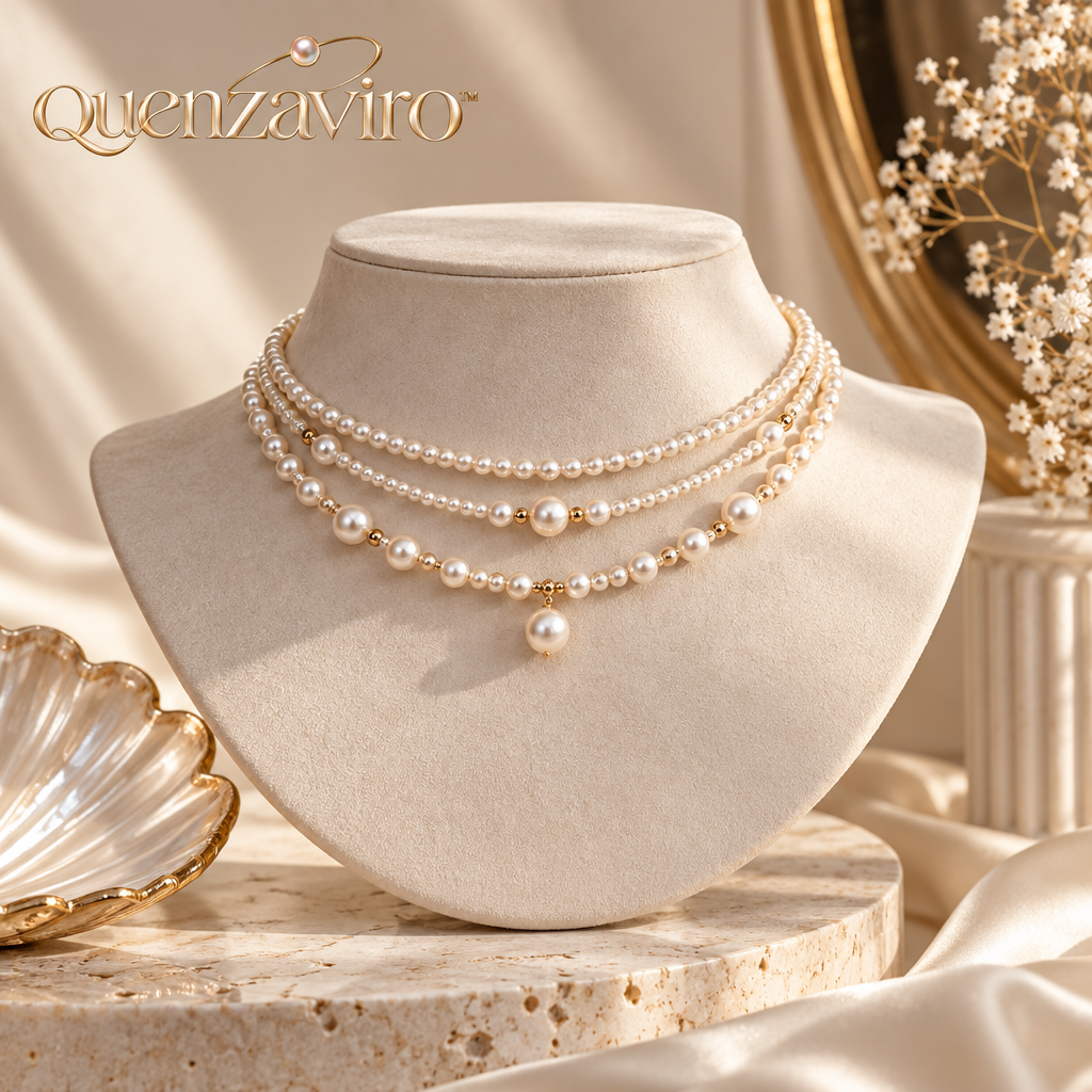 Quenzaviro 3-Layer Natural Pearl Choker Necklace with Gold Bead Accents and Pearl Drop Pendant — view 1