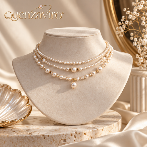 Quenzaviro 3-Layer Natural Pearl Choker Necklace with Gold Bead Accents and Pearl Drop Pendant — view 1
