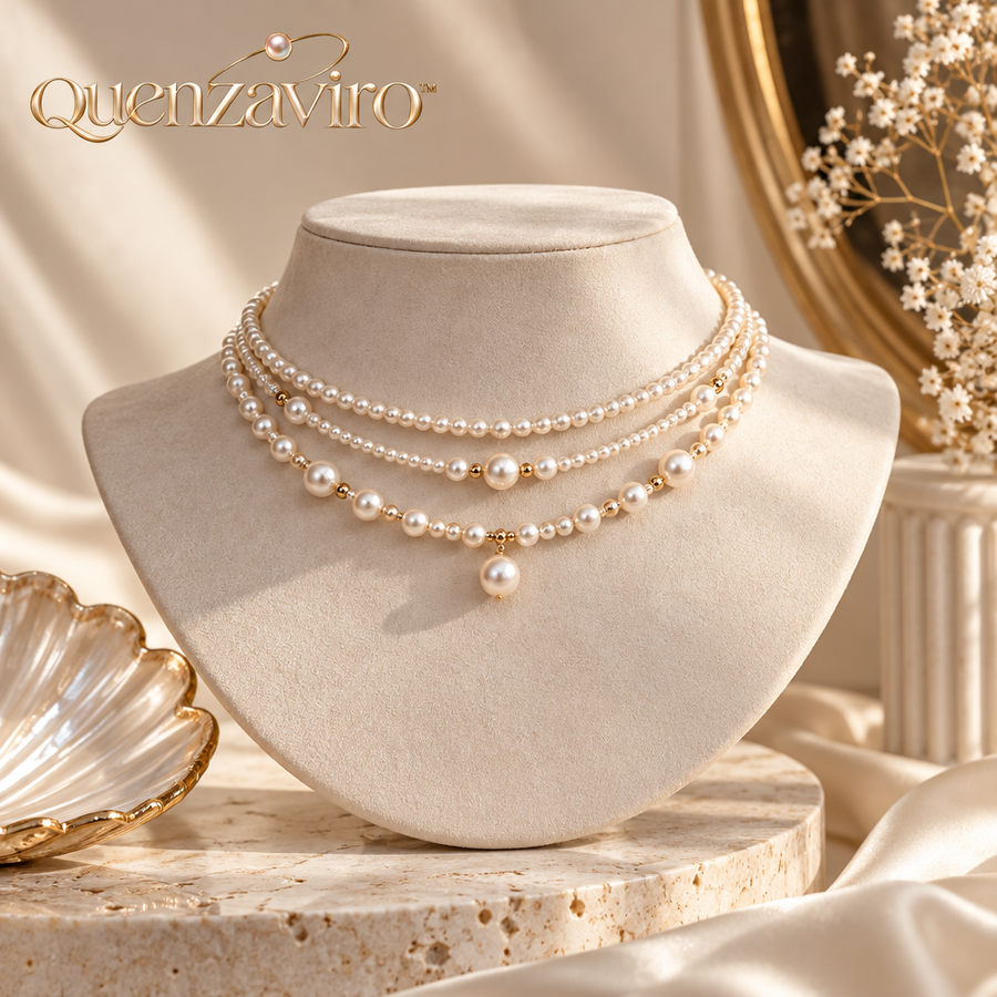 Quenzaviro 3-Layer Natural Pearl Choker Necklace with Gold Bead Accents and Pearl Drop Pendant — view 1