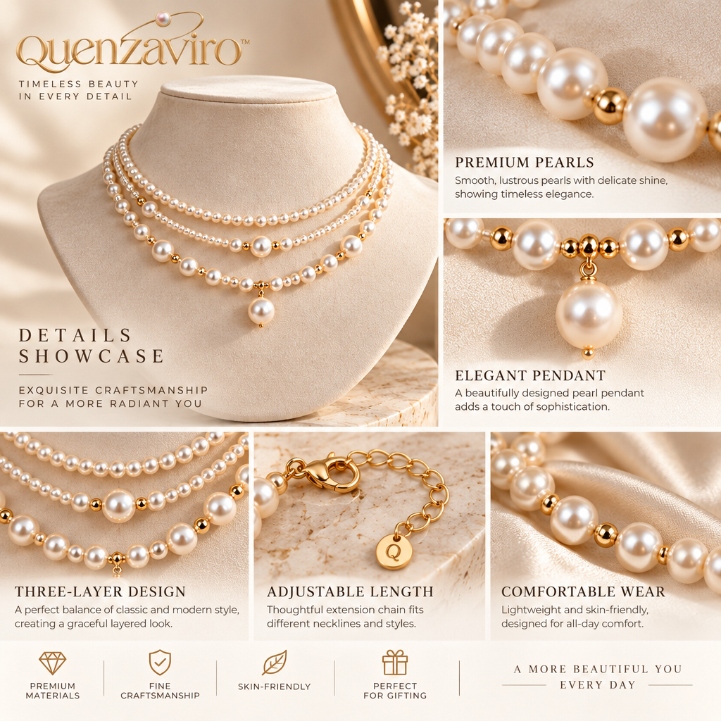 Quenzaviro 3-Layer Natural Pearl Choker Necklace with Gold Bead Accents and Pearl Drop Pendant — view 3