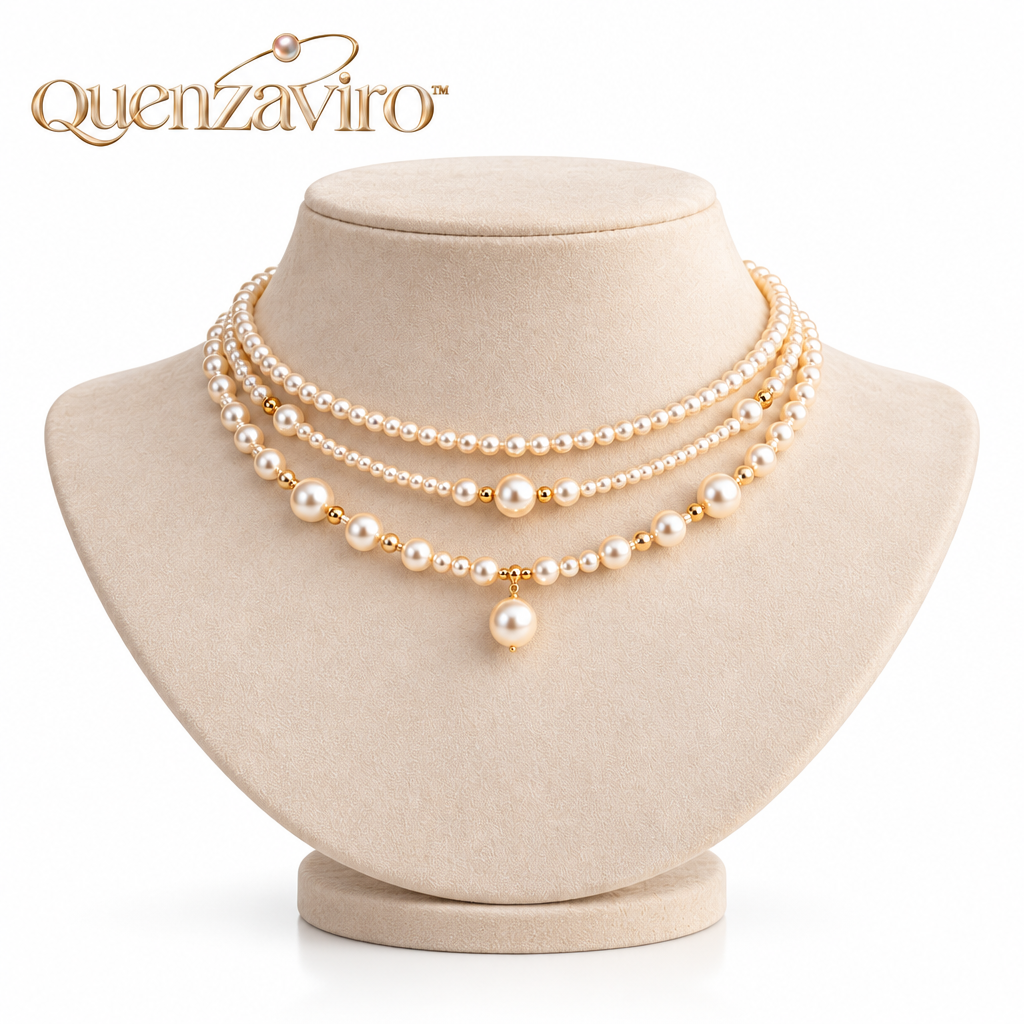 Quenzaviro 3-Layer Natural Pearl Choker Necklace with Gold Bead Accents and Pearl Drop Pendant — view 4