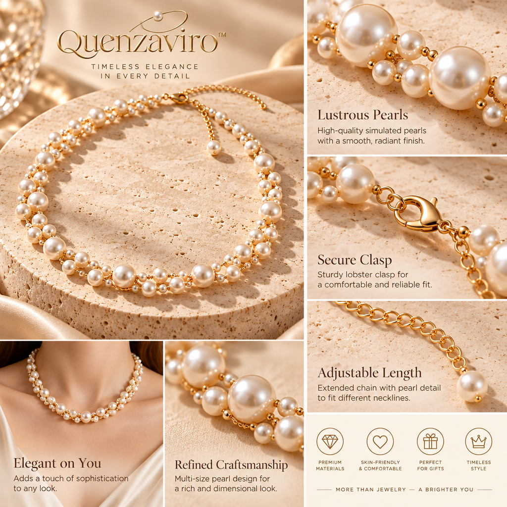 Quenzaviro Natural Pearl Layered Choker Necklace – 14K Gold-Plated Multi-Strand Statement Collar for Women — view 3