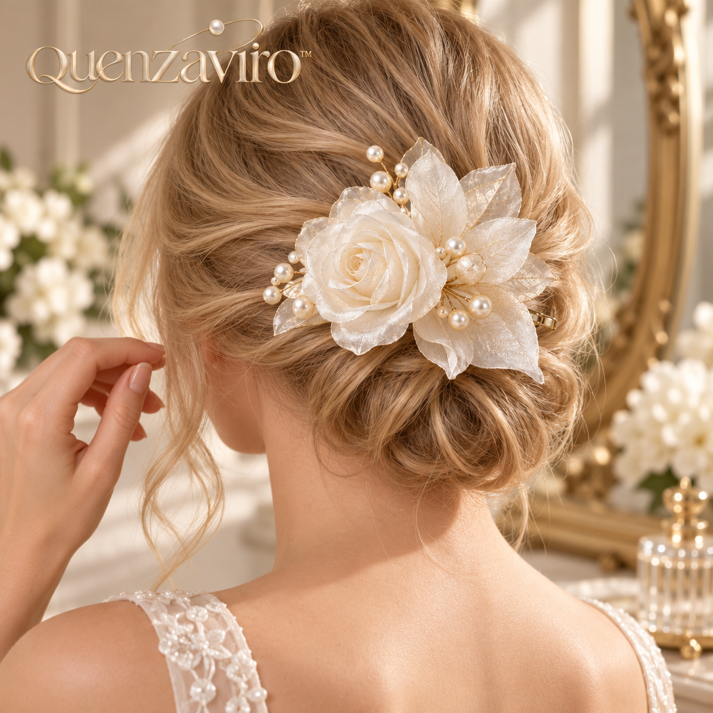 Quenzaviro Handcrafted Organza Rose Hair Clip with Natural Pearls – Bridal Floral Headpiece — view 2