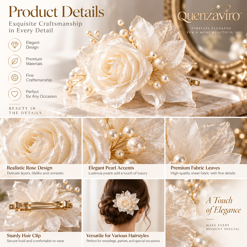 Quenzaviro Handcrafted Organza Rose Hair Clip with Natural Pearls – Bridal Floral Headpiece — view 3