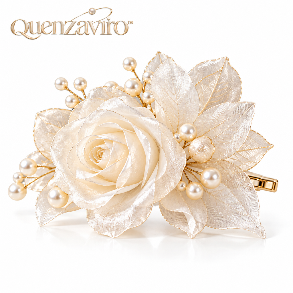 Quenzaviro Handcrafted Organza Rose Hair Clip with Natural Pearls – Bridal Floral Headpiece — view 4