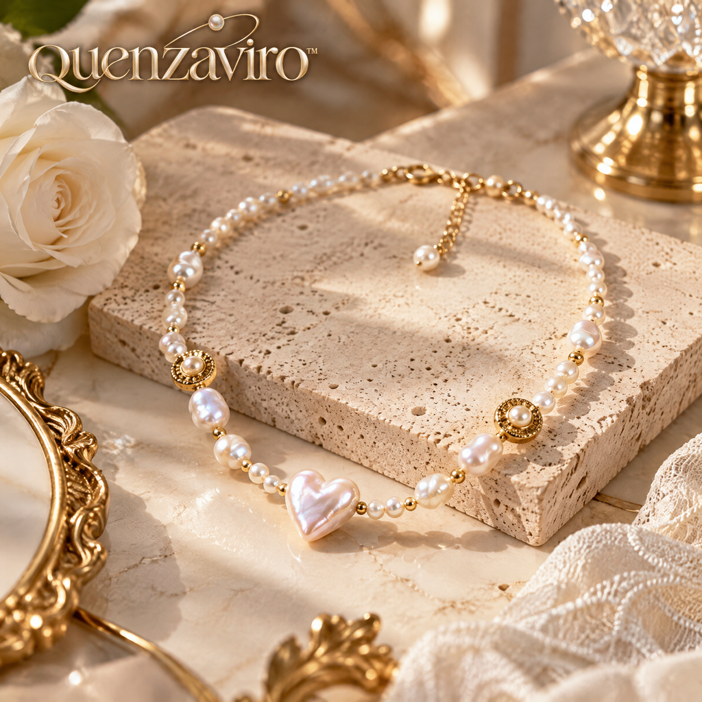Quenzaviro Natural Heart Baroque Pearl Choker Necklace with Vintage Embossed Gold Accents — view 1