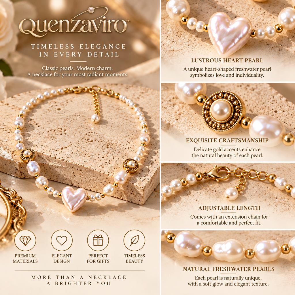 Quenzaviro Natural Heart Baroque Pearl Choker Necklace with Vintage Embossed Gold Accents — view 3