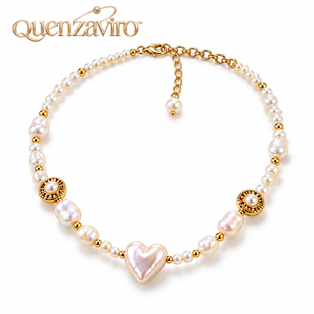 Quenzaviro Natural Heart Baroque Pearl Choker Necklace with Vintage Embossed Gold Accents — view 4