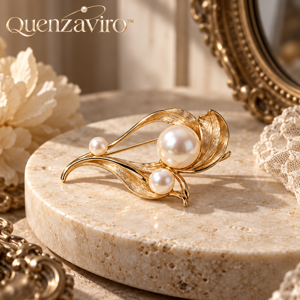 Quenzaviro Vintage Leaf Brooch with Triple Natural Pearls in Brushed Gold — view 1