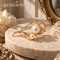 Quenzaviro Vintage Leaf Brooch with Triple Natural Pearls in Brushed Gold — view 1