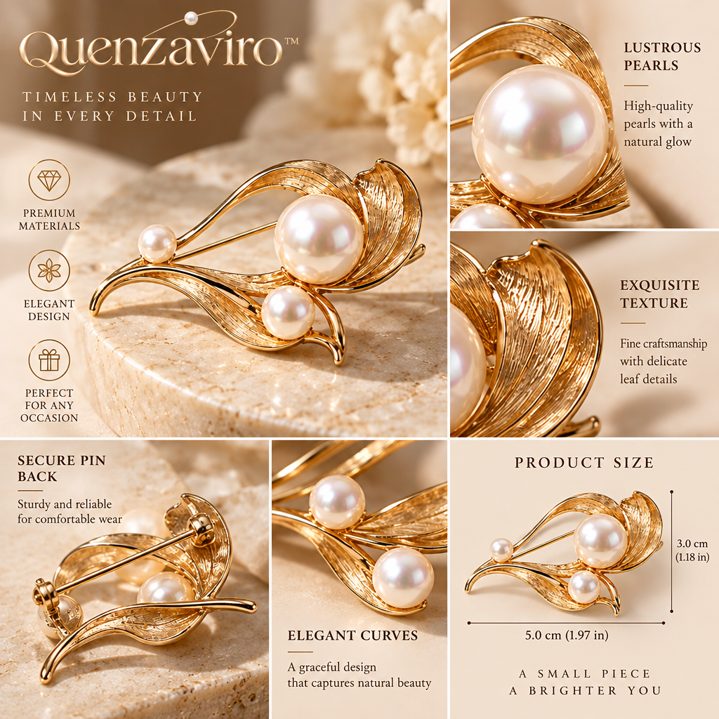 Quenzaviro Vintage Leaf Brooch with Triple Natural Pearls in Brushed Gold — view 3