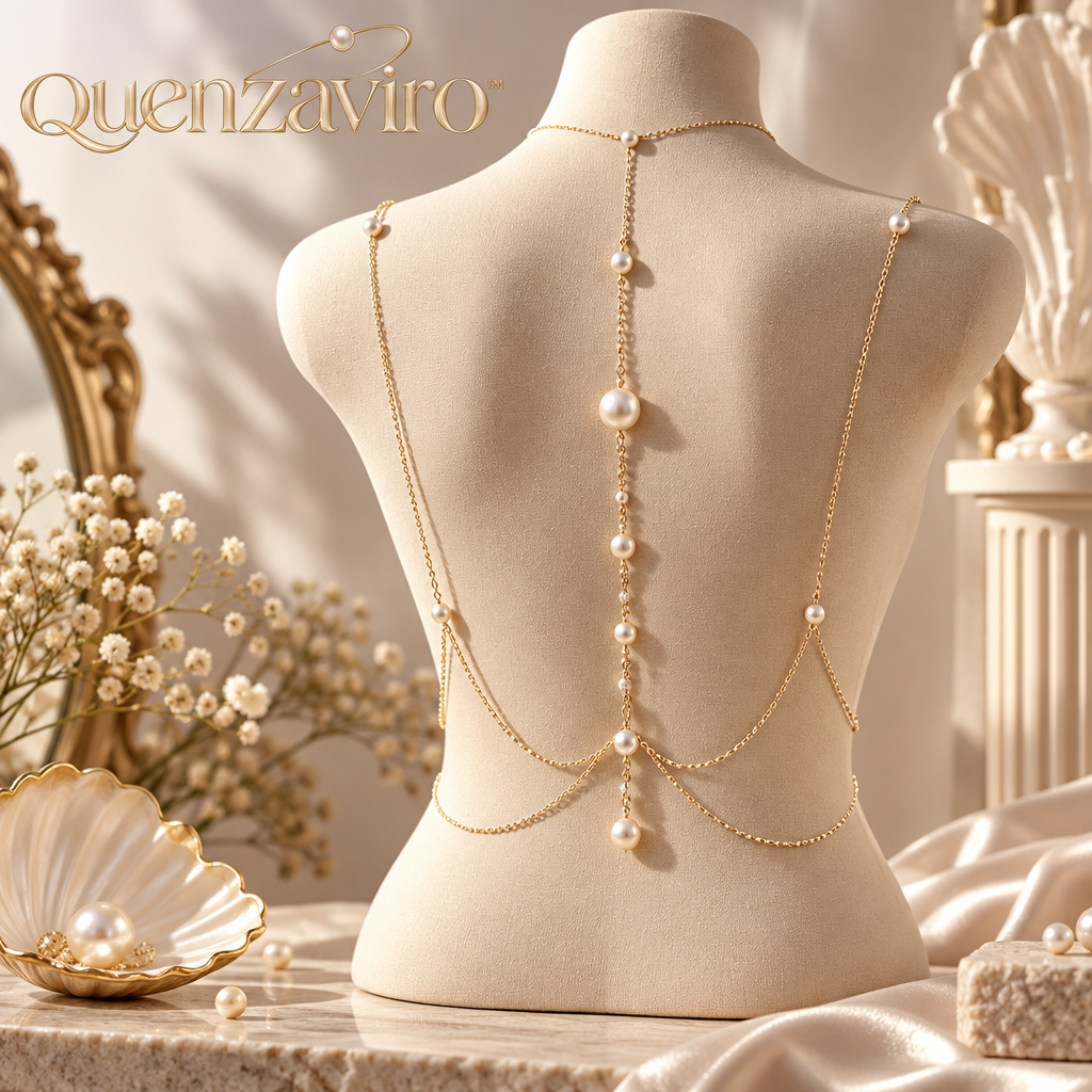 Quenzaviro Natural Pearl Backdrop Body Chain – Draped Gold Backless Dress Jewelry — view 1