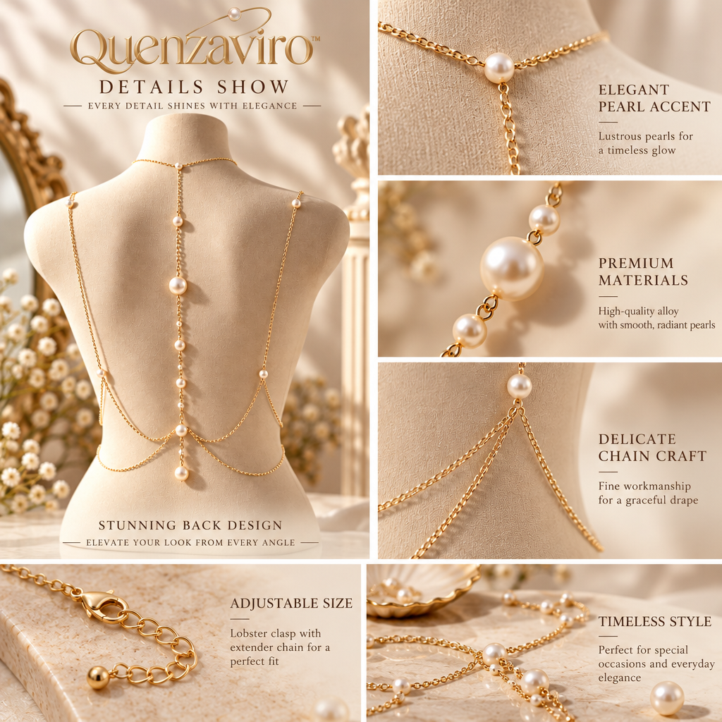 Quenzaviro Natural Pearl Backdrop Body Chain – Draped Gold Backless Dress Jewelry — view 3