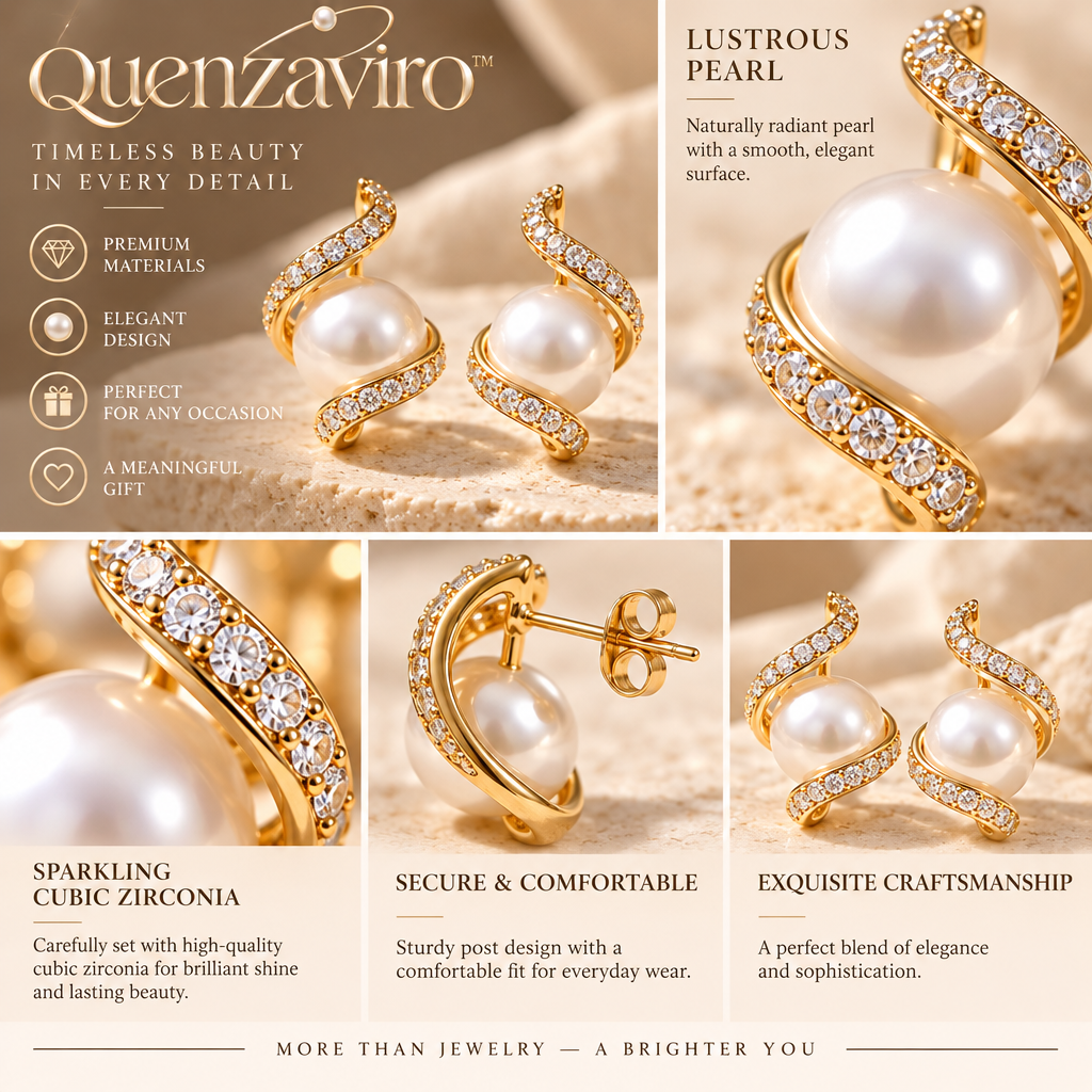 Quenzaviro 14K Gold Plated Natural Pearl Swirl Stud Earrings with Sparkling Cubic Zirconia Wave for Women — view 3
