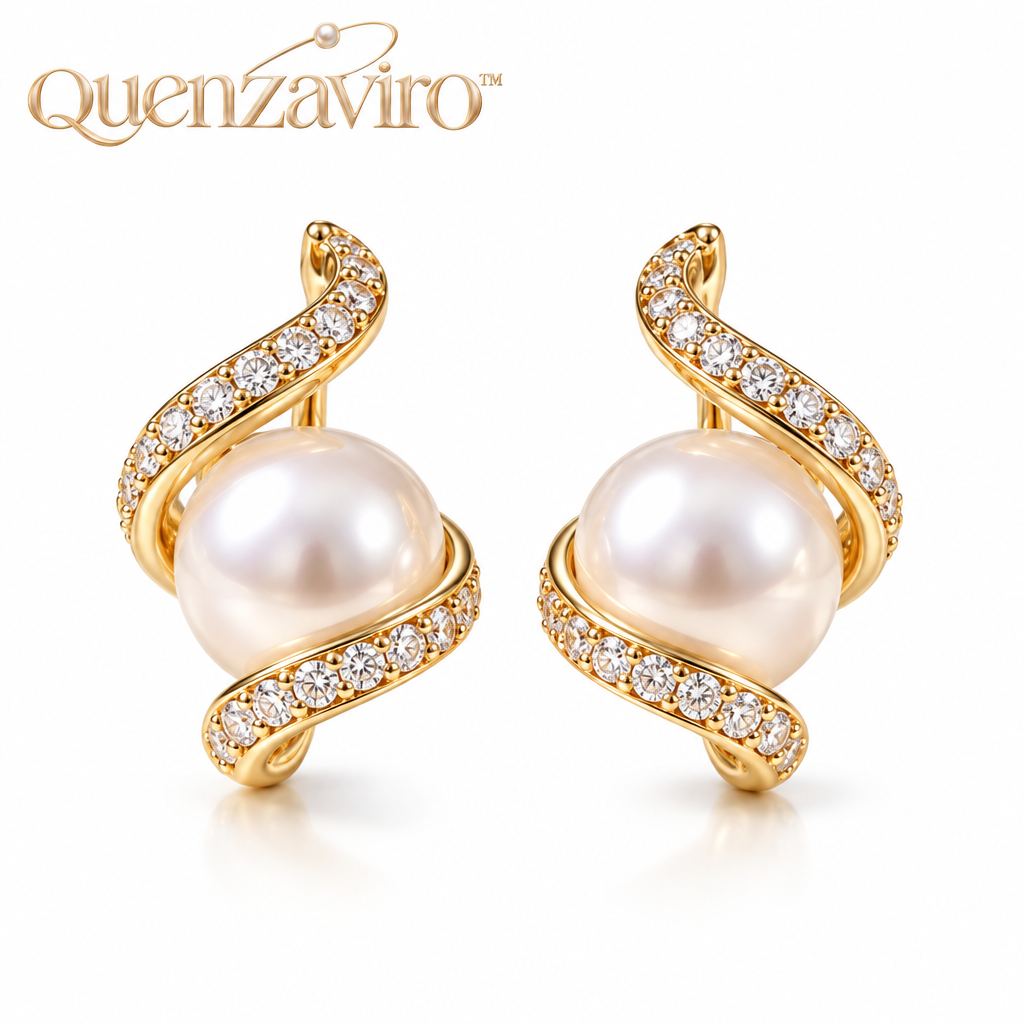 Quenzaviro 14K Gold Plated Natural Pearl Swirl Stud Earrings with Sparkling Cubic Zirconia Wave for Women — view 4