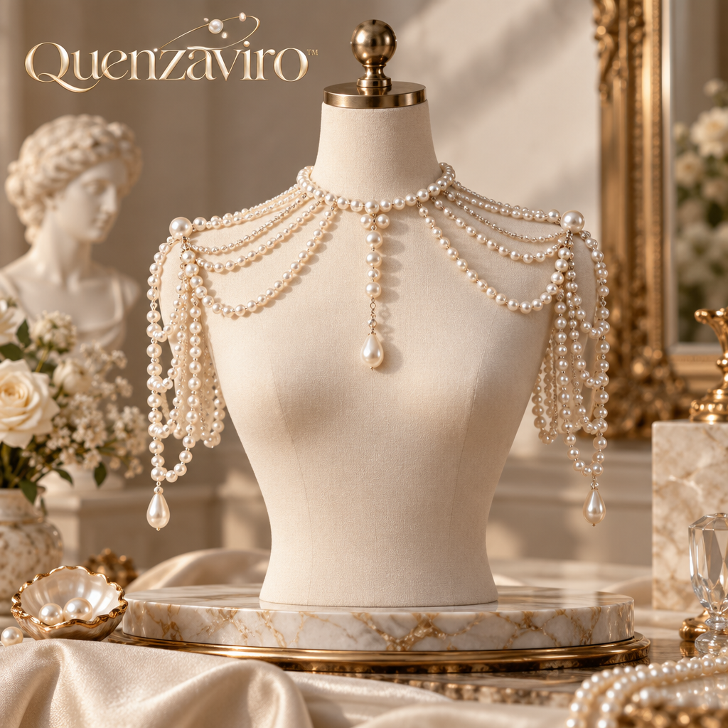 Quenzaviro Natural Pearl Shoulder Chain Necklace – Multi-Tier Cascading Epaulette Bridal Body Jewelry with Teardrop Drop Pendant — view 1