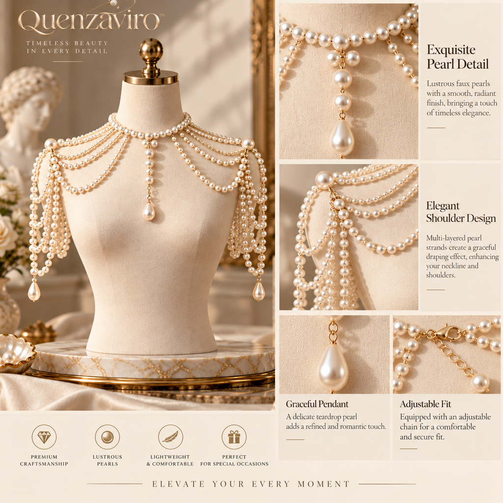 Quenzaviro Natural Pearl Shoulder Chain Necklace – Multi-Tier Cascading Epaulette Bridal Body Jewelry with Teardrop Drop Pendant — view 3