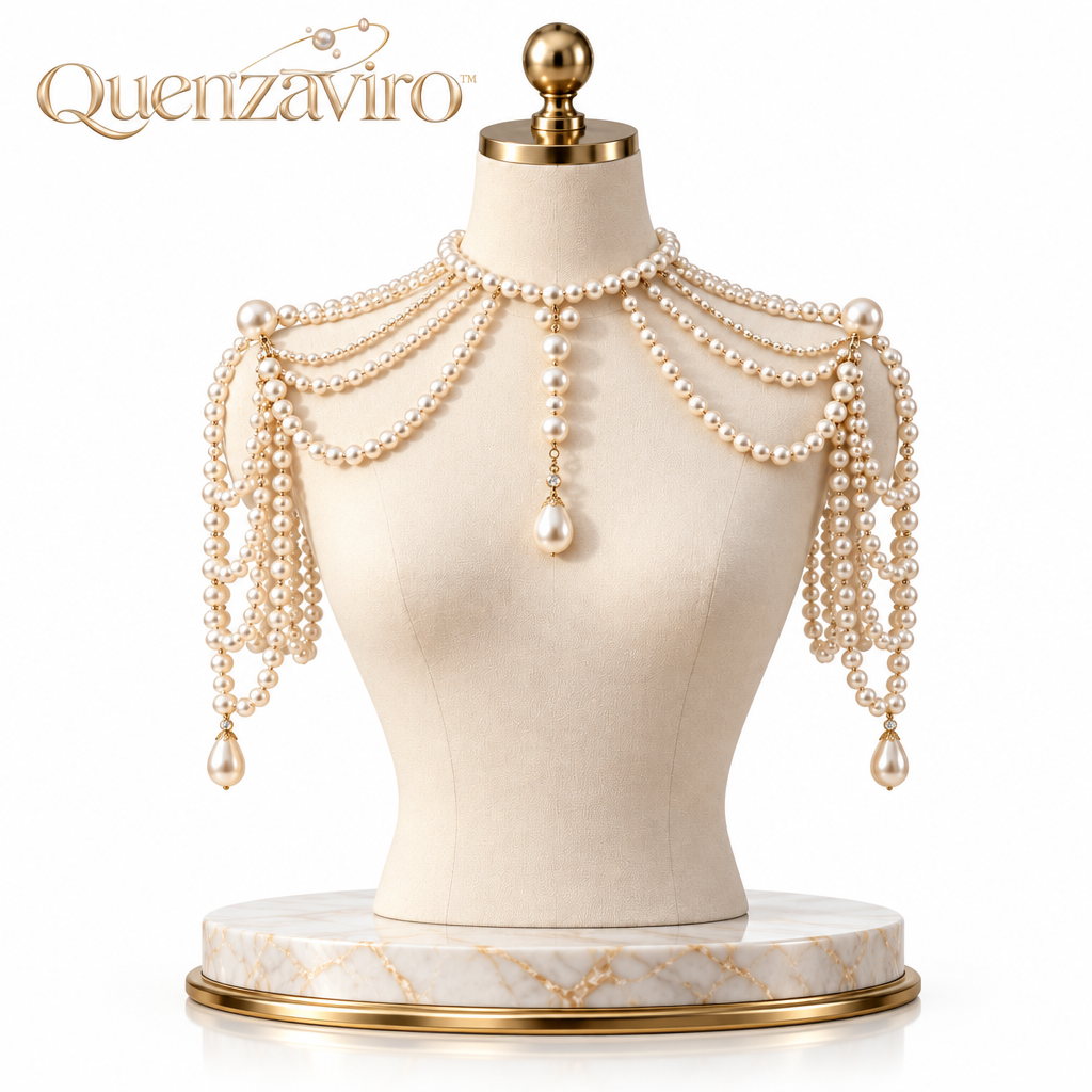 Quenzaviro Natural Pearl Shoulder Chain Necklace – Multi-Tier Cascading Epaulette Bridal Body Jewelry with Teardrop Drop Pendant — view 4