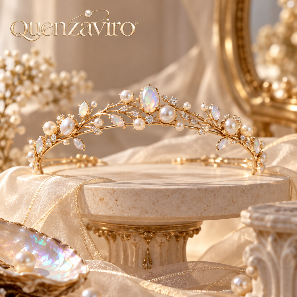 Quenzaviro Gold Opal & Natural Pearl Bridal Tiara – Handcrafted Ethereal Leaf Vine Wedding Crown — view 1