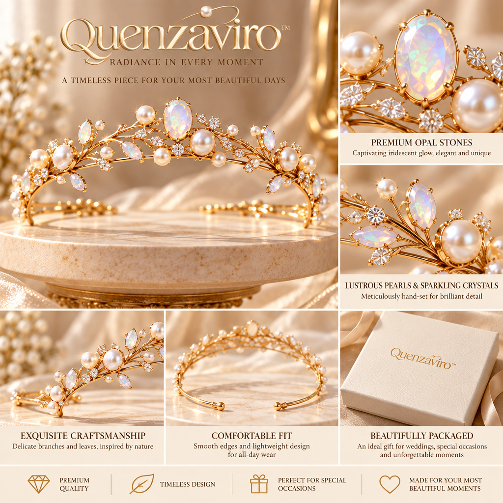 Quenzaviro Gold Opal & Natural Pearl Bridal Tiara – Handcrafted Ethereal Leaf Vine Wedding Crown — view 3