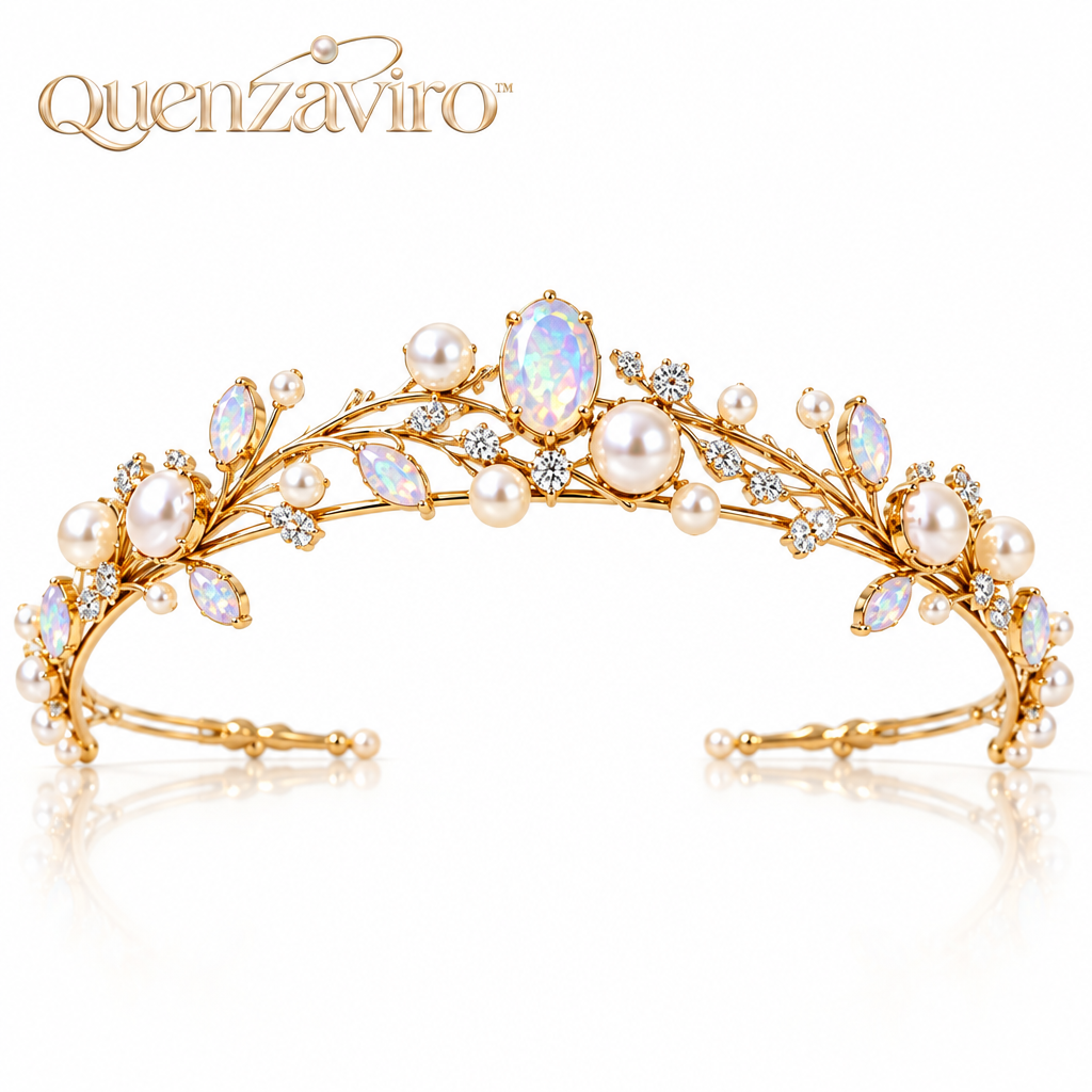 Quenzaviro Gold Opal & Natural Pearl Bridal Tiara – Handcrafted Ethereal Leaf Vine Wedding Crown — view 4