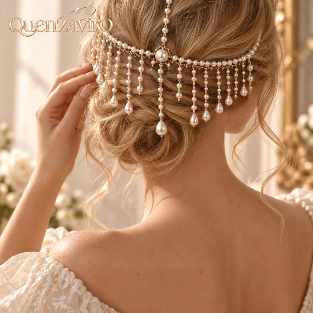 Quenzaviro Natural Freshwater Pearl Forehead Fringe Headpiece | Vintage Baroque Bridal Tiara & Hair Chain — view 2