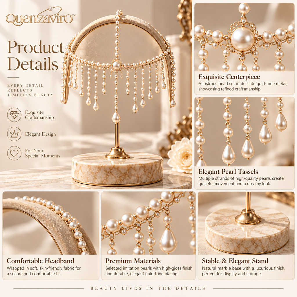 Quenzaviro Natural Freshwater Pearl Forehead Fringe Headpiece | Vintage Baroque Bridal Tiara & Hair Chain — view 3