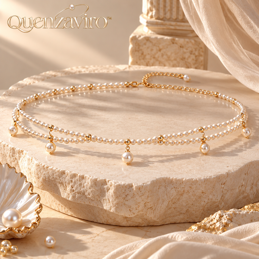 Quenzaviro Double-Layer Natural Pearl Waist Chain with Dangling Pearl Drops & Gold-Tone Accents — view 1