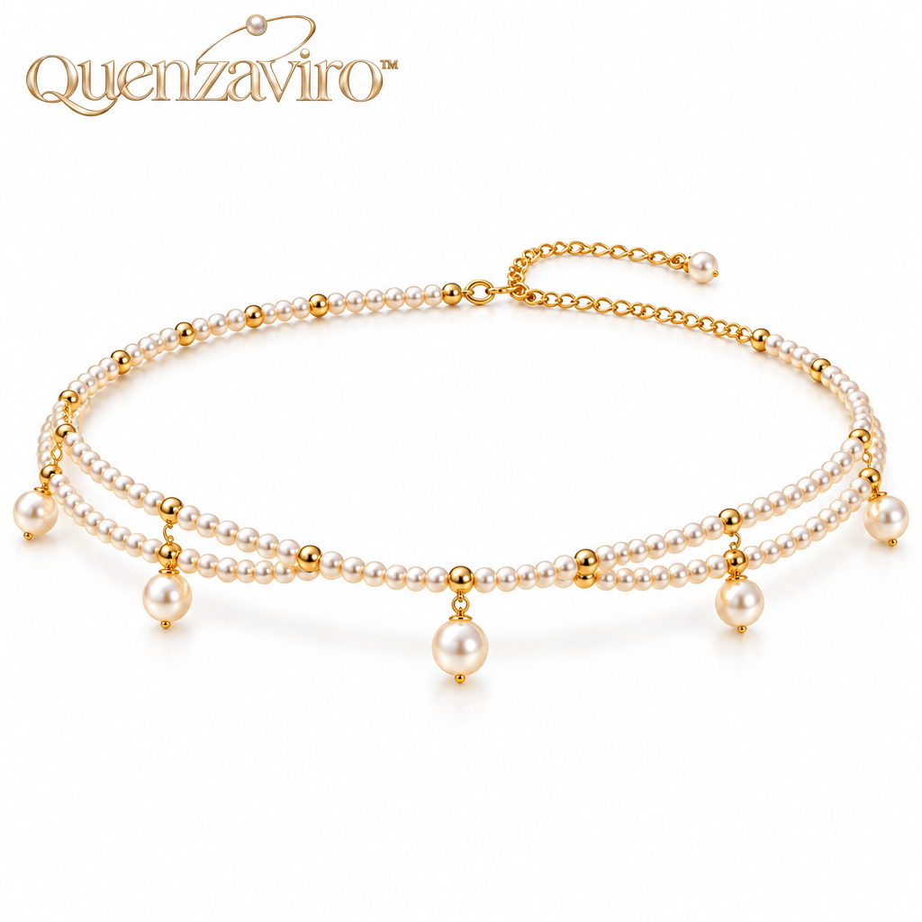Quenzaviro Double-Layer Natural Pearl Waist Chain with Dangling Pearl Drops & Gold-Tone Accents — view 4