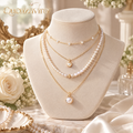 Quenzaviro 4-in-1 Multi-Layered Natural Freshwater Pearl Necklace with Gold Pendant Charms — view 1