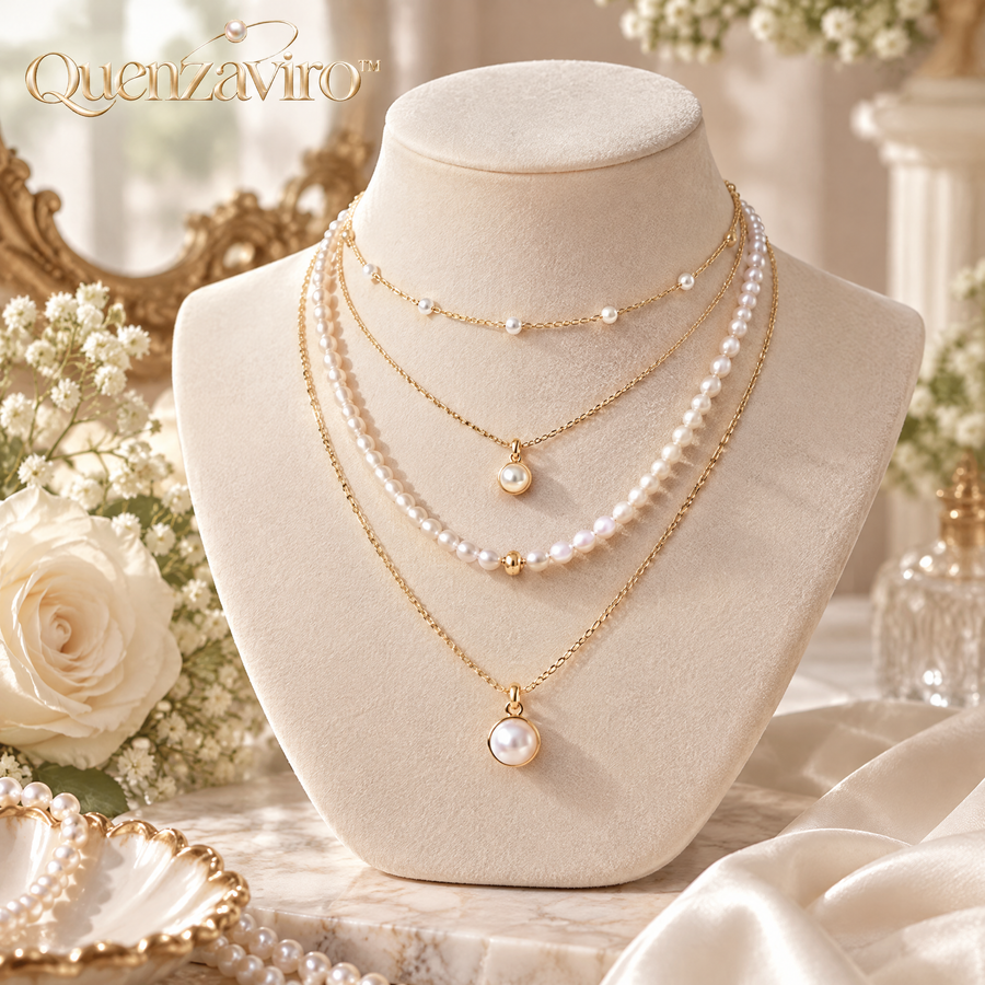 Quenzaviro 4-in-1 Multi-Layered Natural Freshwater Pearl Necklace with Gold Pendant Charms — view 1