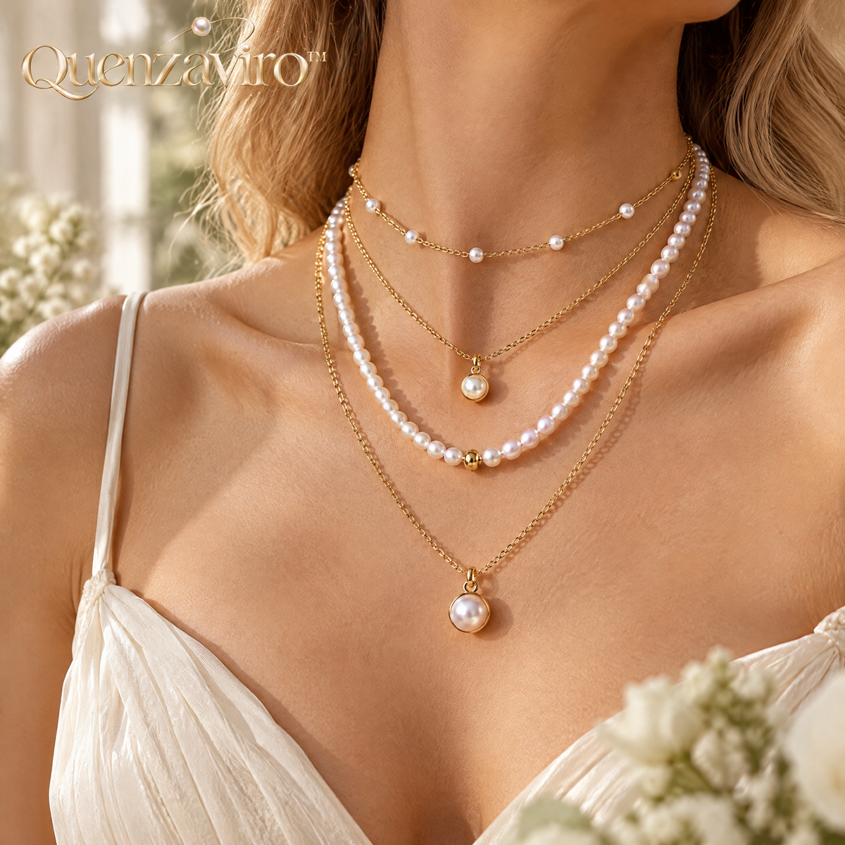 Quenzaviro 4-in-1 Multi-Layered Natural Freshwater Pearl Necklace with Gold Pendant Charms — view 2