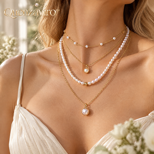 Quenzaviro 4-in-1 Multi-Layered Natural Freshwater Pearl Necklace with Gold Pendant Charms — view 2