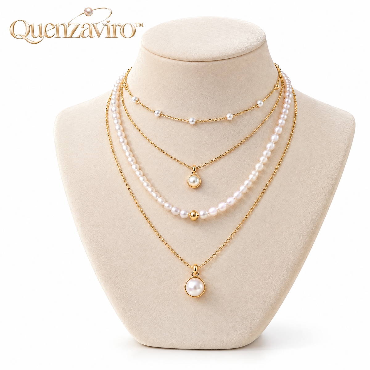 Quenzaviro 4-in-1 Multi-Layered Natural Freshwater Pearl Necklace with Gold Pendant Charms — view 3