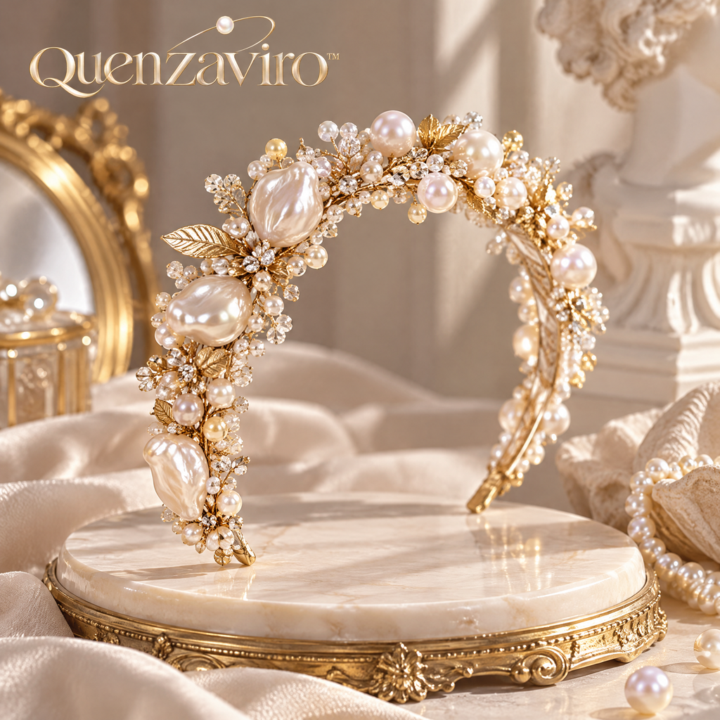 Quenzaviro Handcrafted Natural Baroque Pearl & Crystal Bridal Headband – Vintage Gold Leaf Tiara — view 1