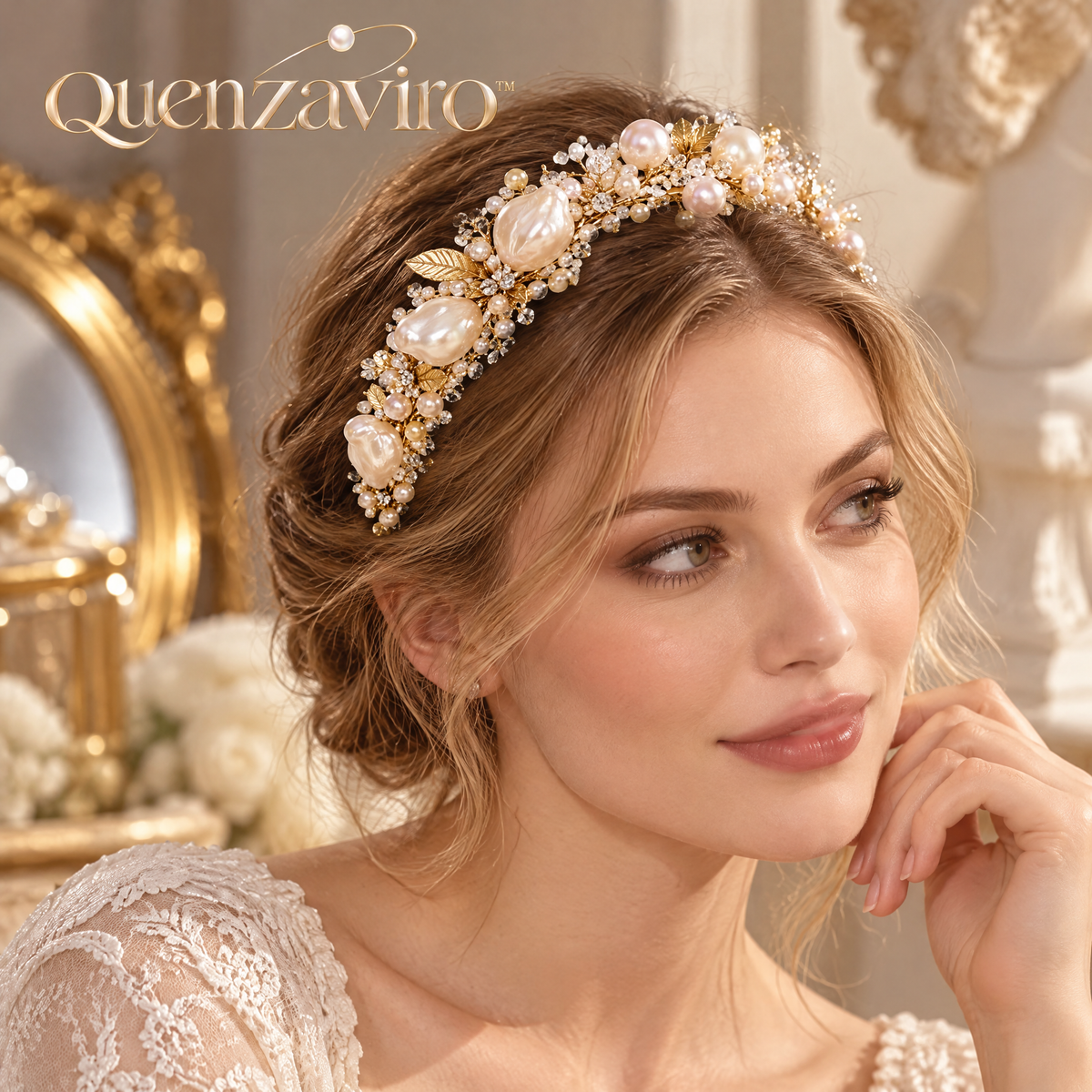Quenzaviro Handcrafted Natural Baroque Pearl & Crystal Bridal Headband – Vintage Gold Leaf Tiara — view 2