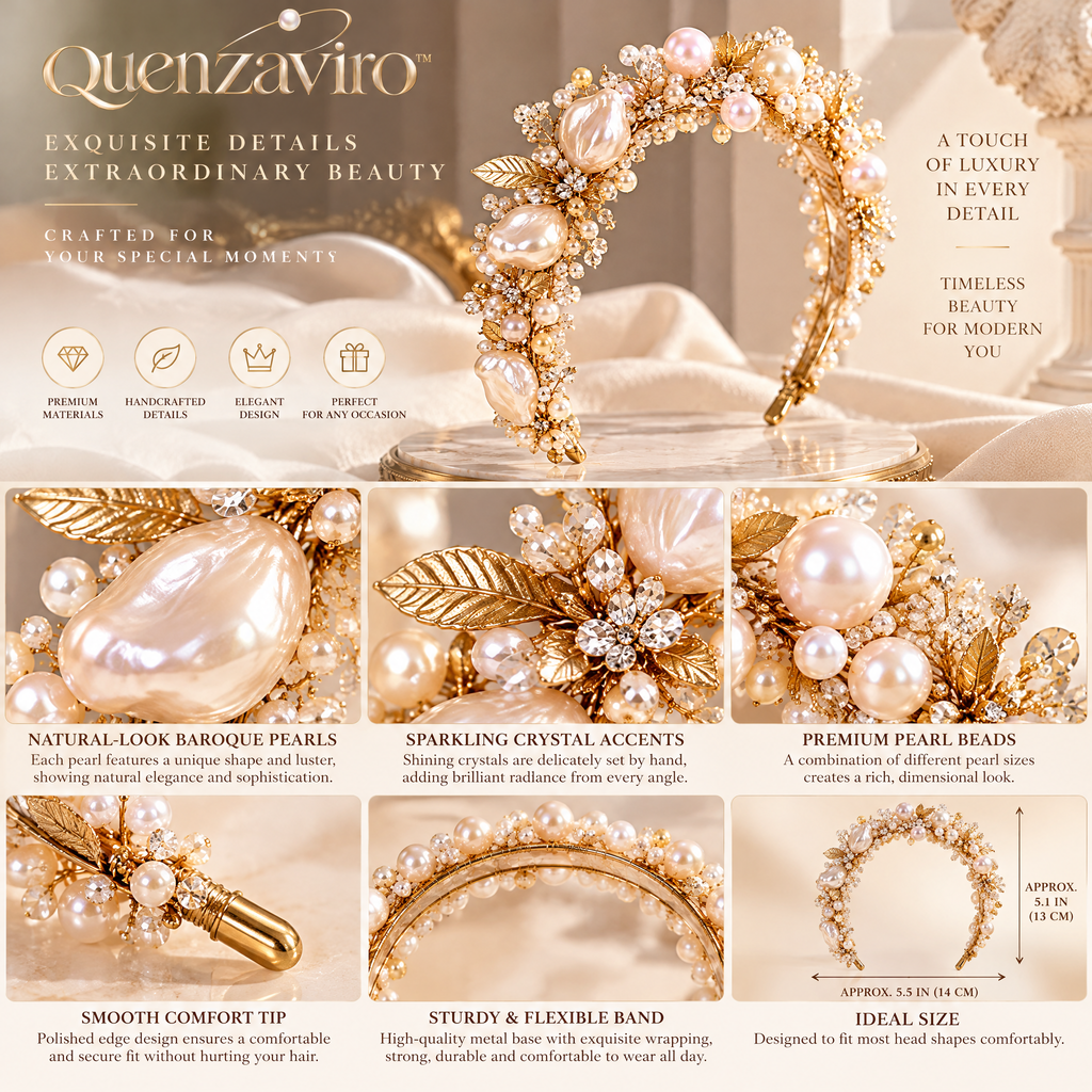 Quenzaviro Handcrafted Natural Baroque Pearl & Crystal Bridal Headband – Vintage Gold Leaf Tiara — view 3