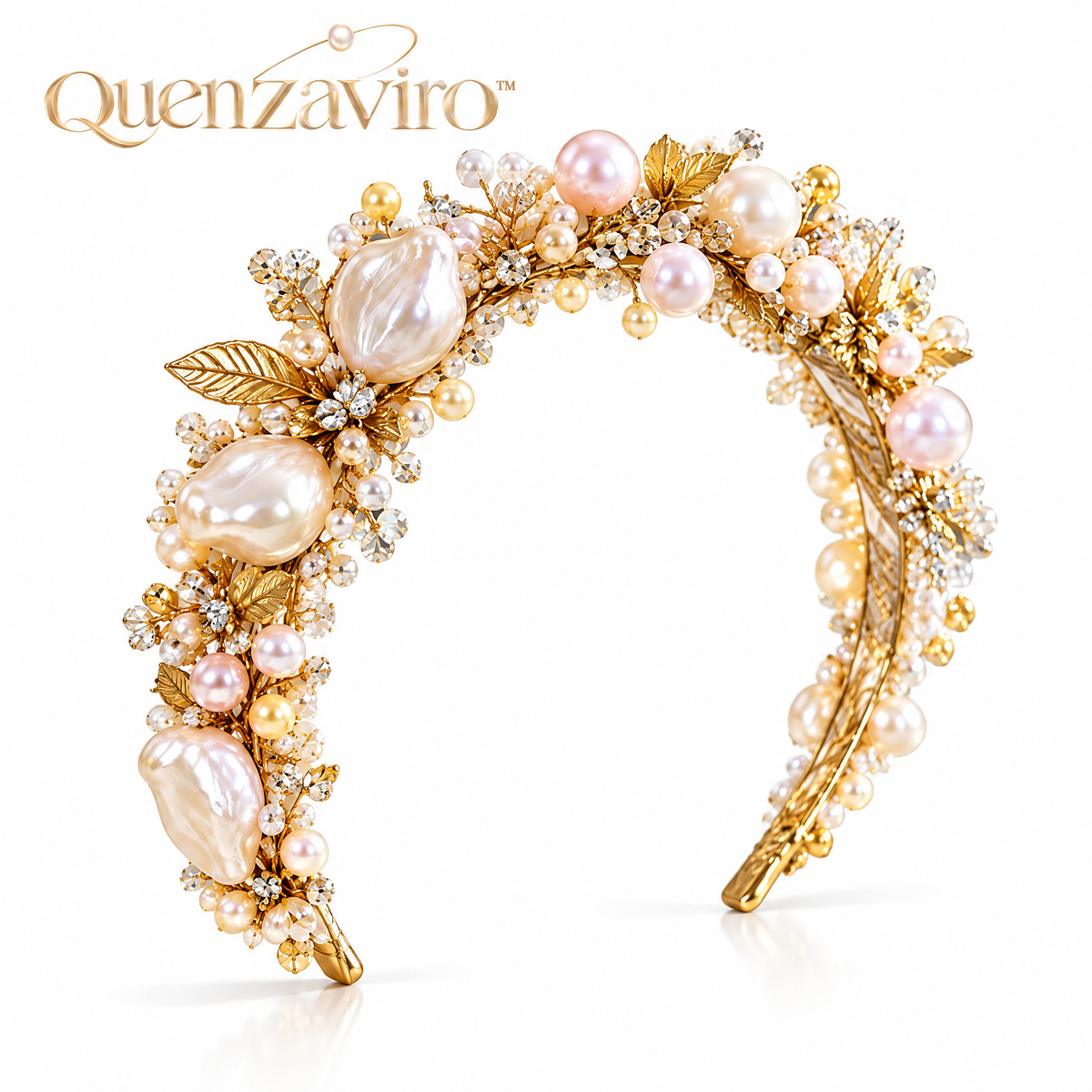 Quenzaviro Handcrafted Natural Baroque Pearl & Crystal Bridal Headband – Vintage Gold Leaf Tiara — view 4